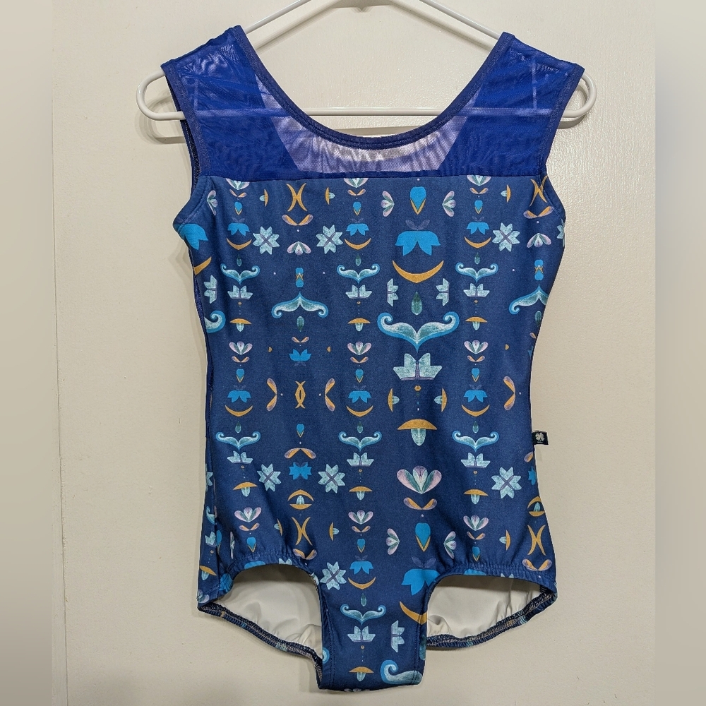 Luckyleo Custom Made Leotard Royal Blue Print With Mesh Detailing Adult Large